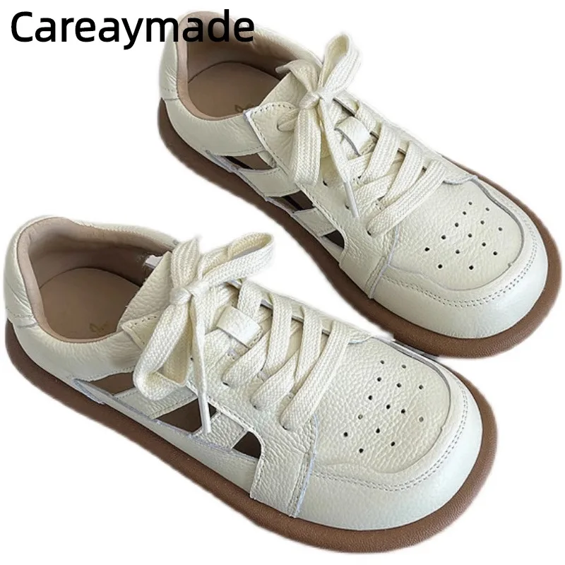 Careaymade-Genuine leather summer pig cage sandals breathable soft sole women single shoes casual hollow round toe women's shoes