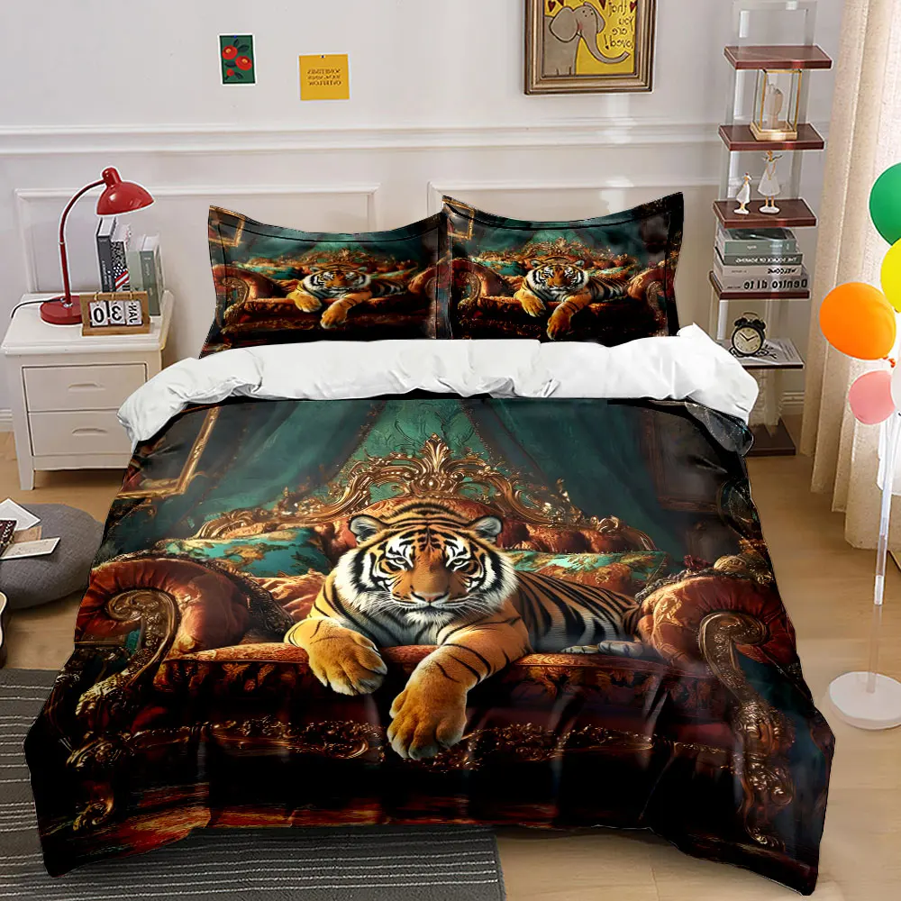 Majestic Tiger on Luxurious Sofa Printed Duvet Cover Set 1 Duvet Cover+2 Pillowcase Multi Size Bedroom Bedding Decoration