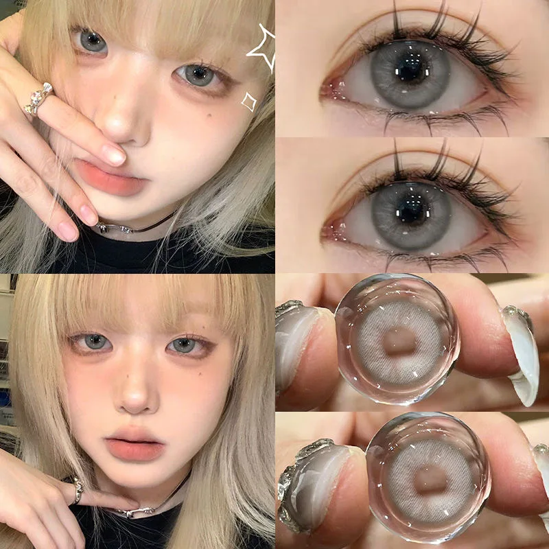 YIMEIXI 2-Piece New Colorful Contact Lenses Grey Beautiful Pupil Soft Lenses Myopia Degree Makeup Lens London Fog Grey