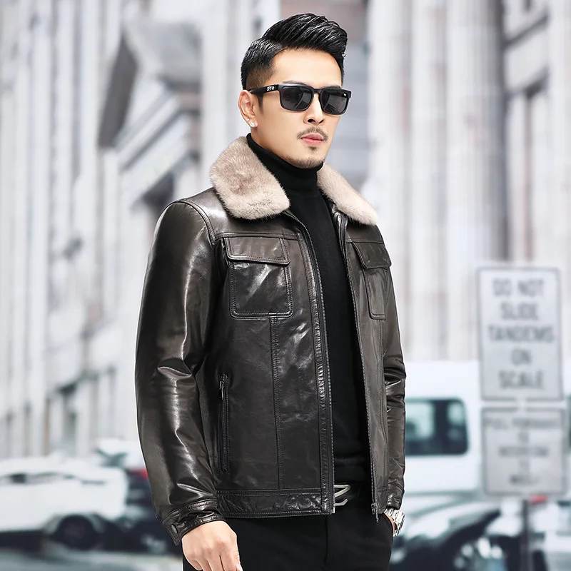 Men's New Genuine Leather Clothes Male Goatskin Mink Lapel Short Warm Down Jacket Sheepskin Fashion Slim Coats Winter Outwear