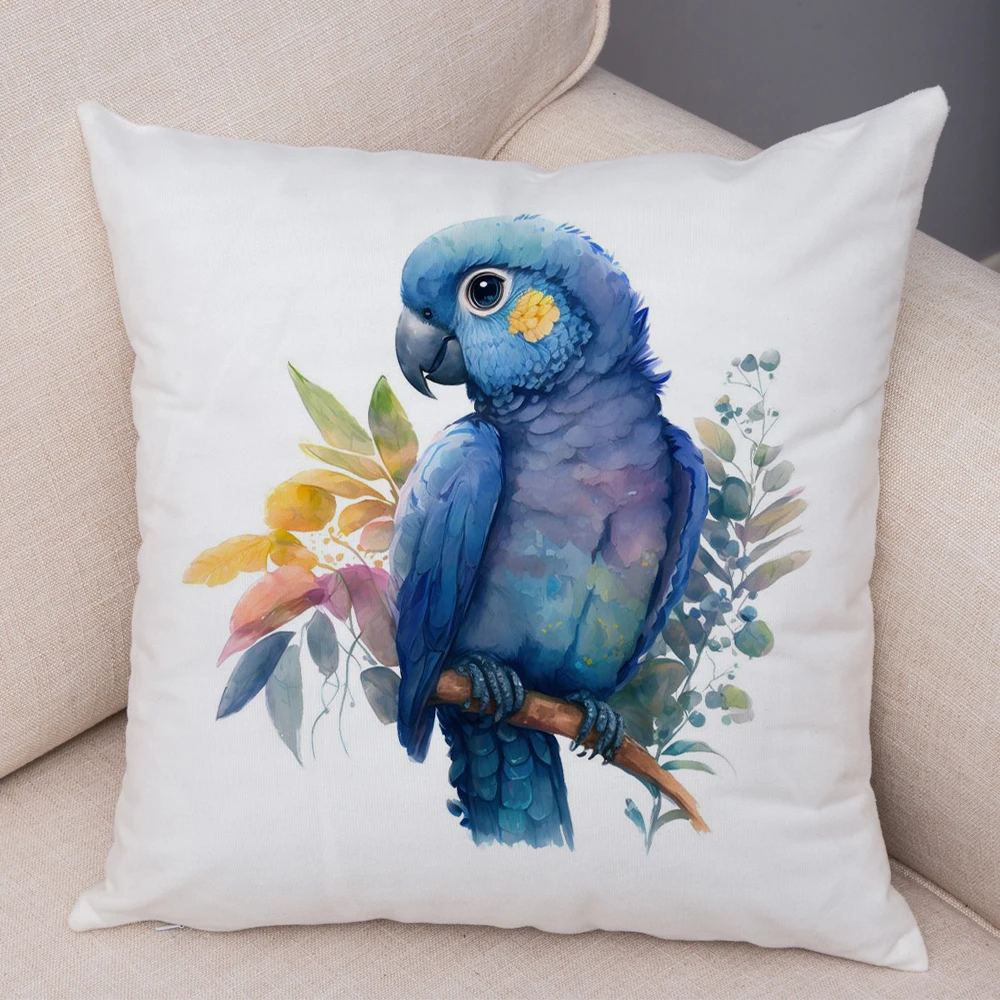 Cartoon Waterpainted Bird Print Pillowcase for Children Home Car Sofa Decor Lovely Parrot Animal Pillow Case Plush Cushion Cover