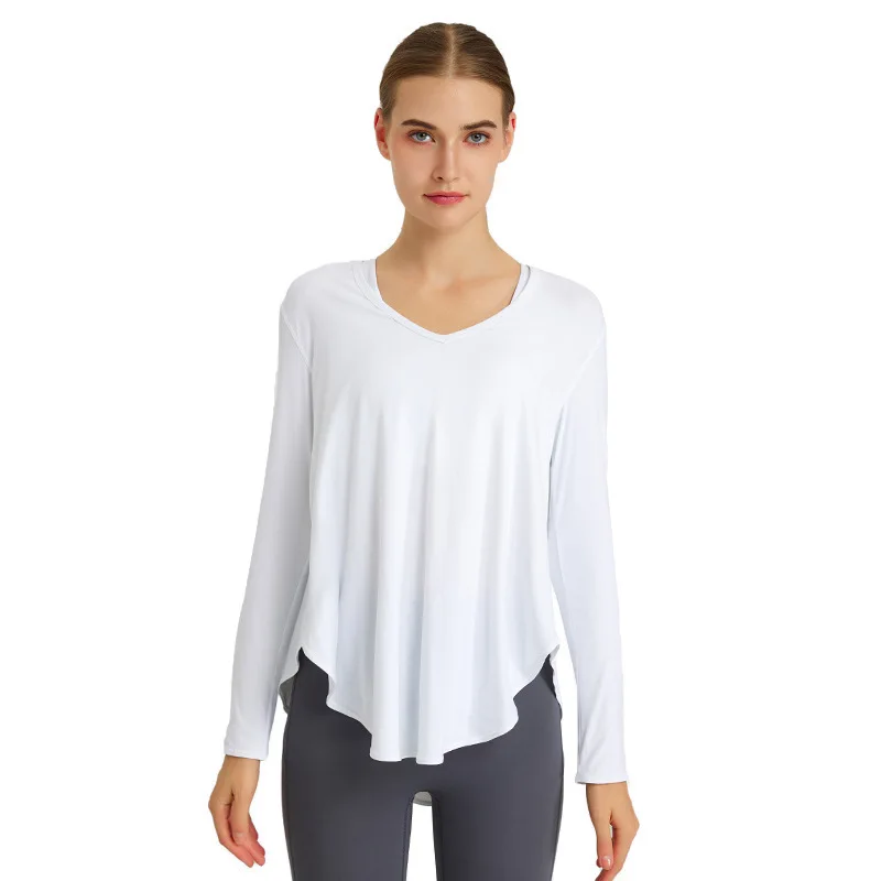 Solid Color Loose V-neck Women Long Sleeve Yoga Shirt Fitness Clothe Female Top Length Sleeve T-shirt Soft Fitness long sleeves