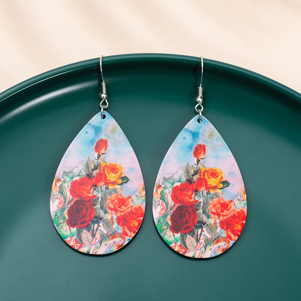 Fashion Water Drop Relievo Printing Rose Flower Acrylic Women\'s Earrings Trend 2025 Retro Style Aesthetic Elegant Girls Jewelry