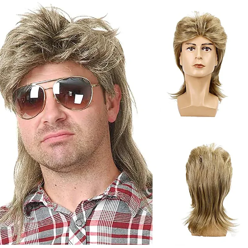 Mullet Wigs for Men 70s 80s Costumes Mens Black Fancy Party Accessory Cosplay Hair Halloween Synthetic Wig