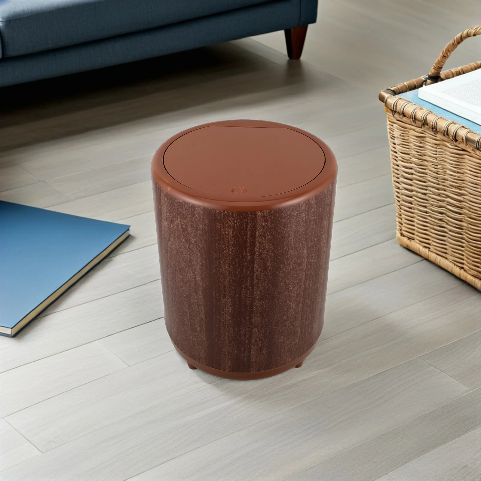 

12L Round Plastic Wood Grain Trash Bin Press Lid Slim Design For Bathroom Home Hotel Office Covered Waste Basket Lidded Garbage