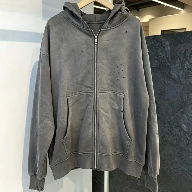 Oversize Blank Zipper Hoodie Winter Saint Jackets Vintage Distressed Washed Worn Fading Grey Fleece Hoodys Men Women Streetwear