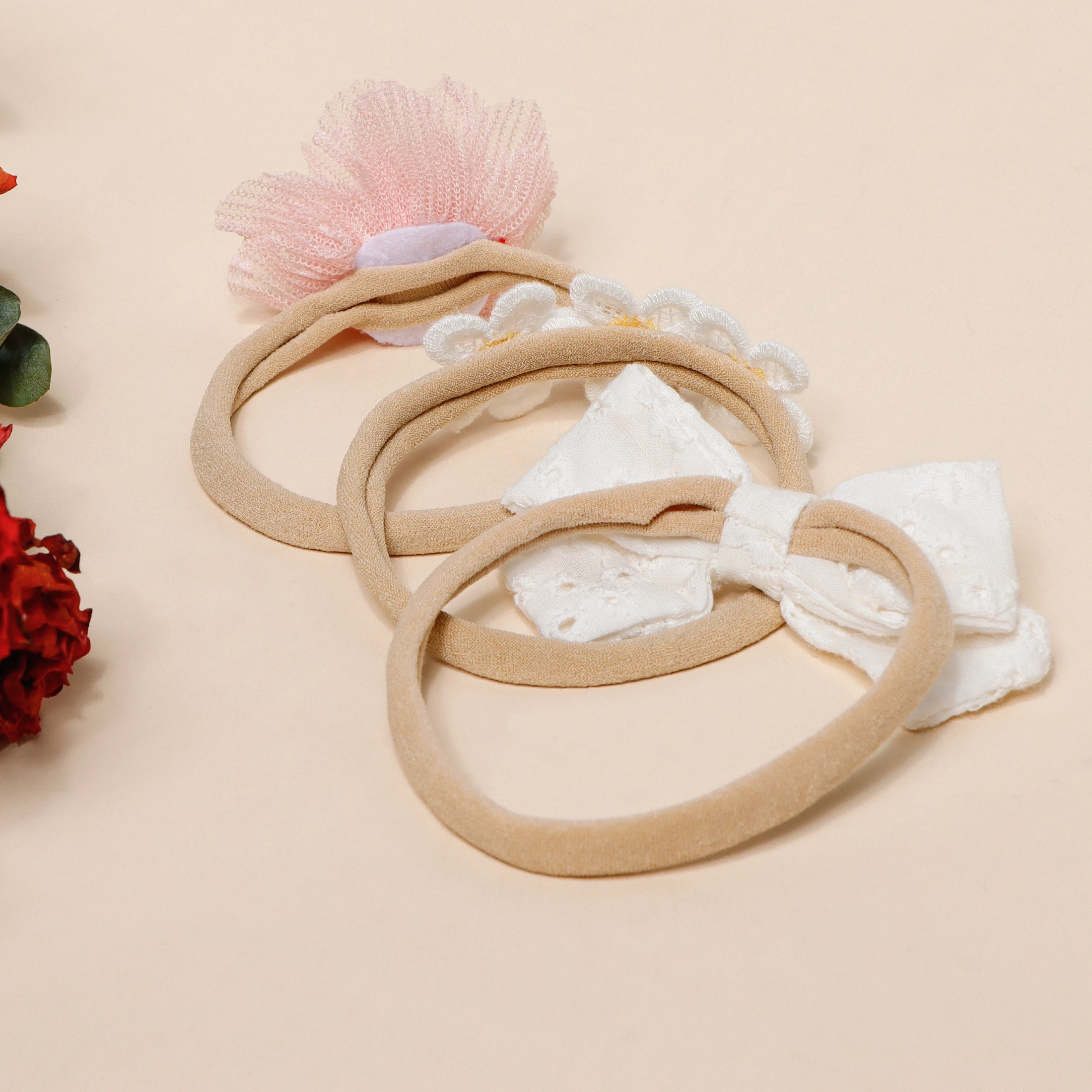 5 stücke Rosa Spitze Simulation Blumen Haar Zubehör Für Neugeborene Mädchen Spleißen Blumen Stirnband Baby Foto Dekor Nette Haarband – Detail 10