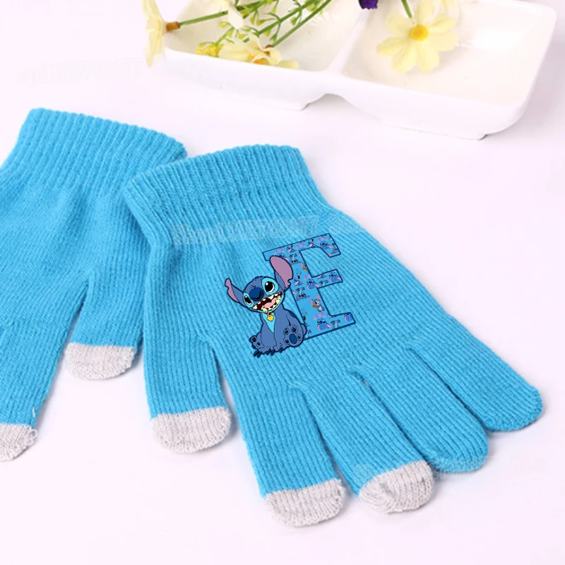 Letter Disney Stitch Knitted Gloves Cartoon Cute Five Finger Detachable Touchable Ball Gloves Autumn/Winter Hand Warmth gifts