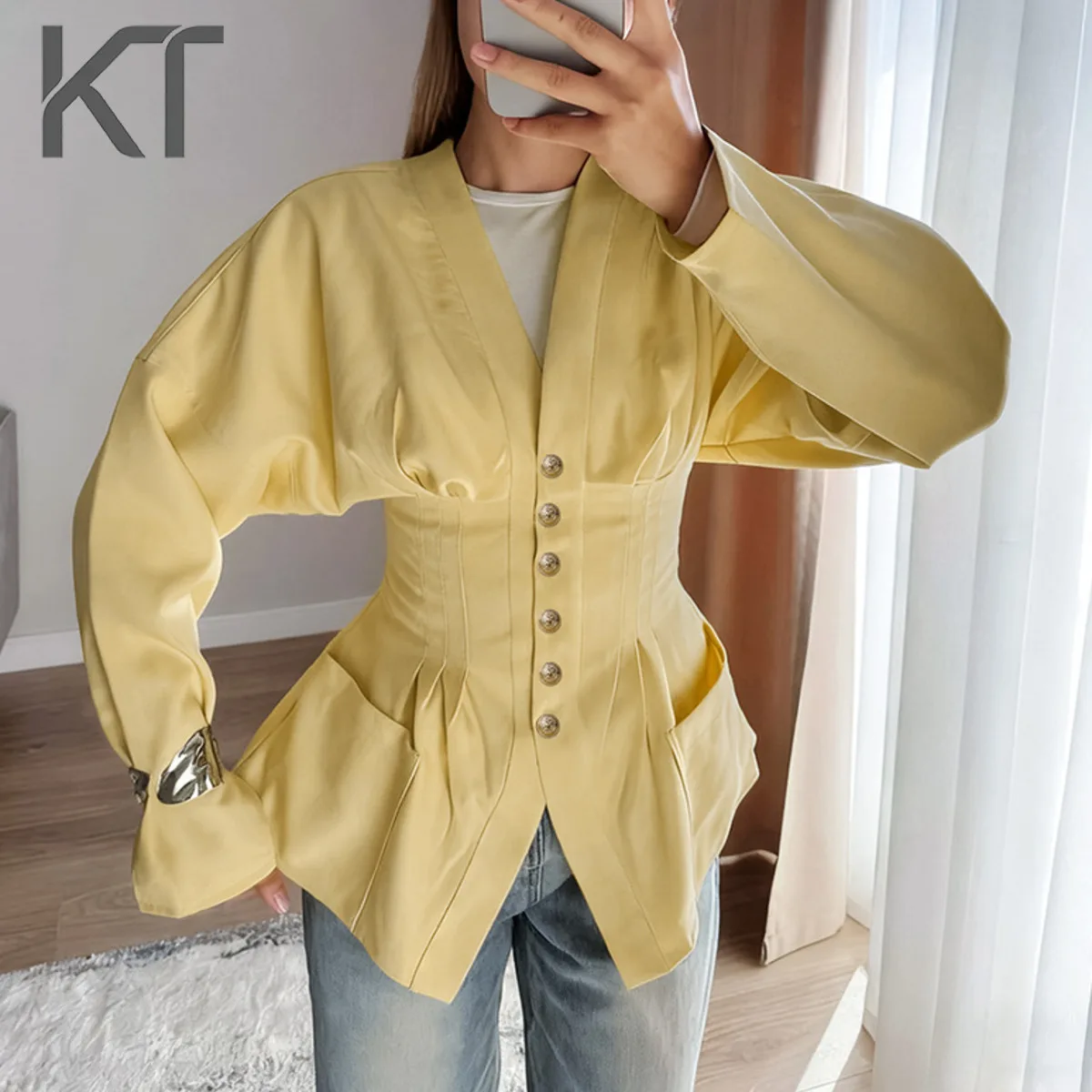 

KT Elegant V Neck Corset Shirt for Women Puff Sleeve Waist Cinching Button Down Pocket Detail Office & Daily Wear Blazers