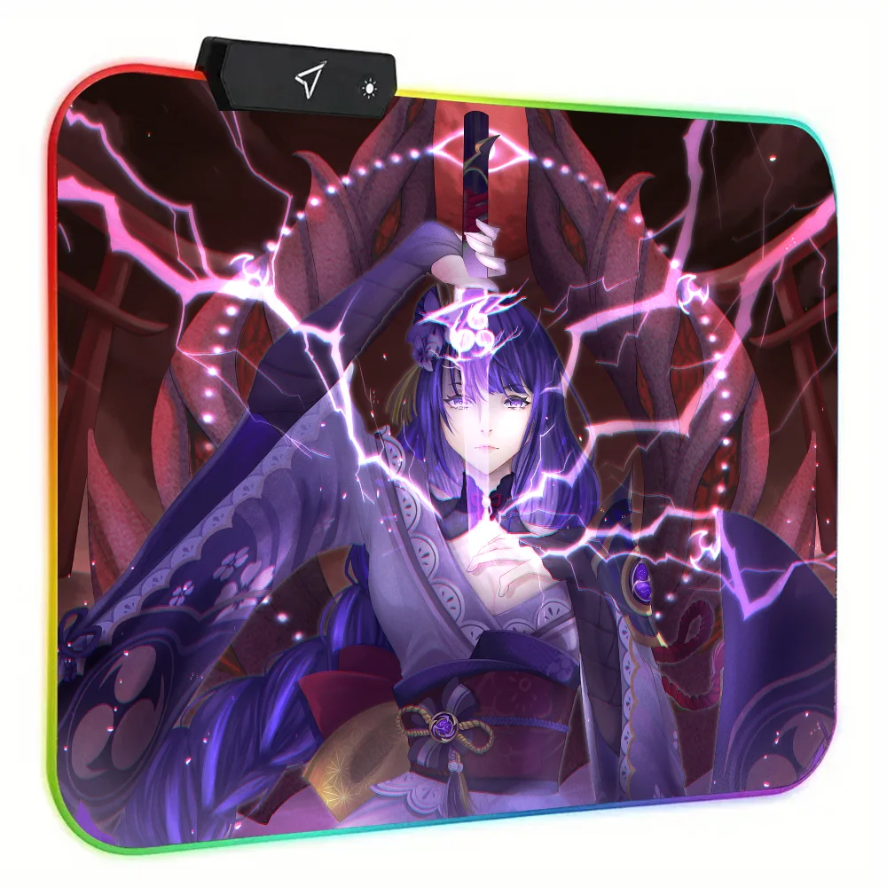 Tapis de souris Raiden Shogun Genshin Impact, tapis de jeu de petite taille RVB avec lumière LED, polymères de bureau, caoutchouc non ald super lisse