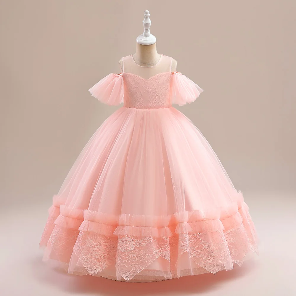 Pink Fashion Tulle Party Princess Dress For Girl Kids Floral Puff Sleeves Prom Gown Children Bow Birthday Evening Soft Ball Gown