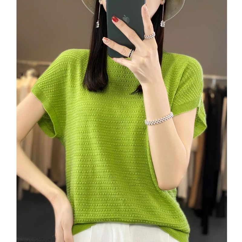 

Women's T-shirt Summer Worsted Wool Sweater Short Sleeve Casual Solid Round Neck Ladies Tops Loose Blouse Basic Pullover Tees