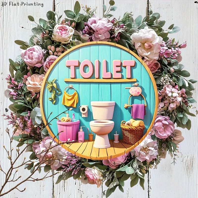 Vintage Aluminium Cute Macaron Color Toilet Round Tin Sign, 3D Bathroom Scene Wall Decor for Restroom & Cafe Home