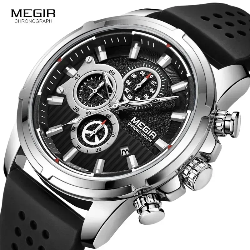 Relojes MEGIR deportivos de cuarzo para hombre, cronógrafo con correa de silicona, reloj de pulsera de lujo de la mejor marca, reloj Mascuoino 2101 plateado