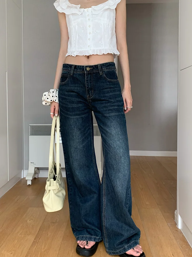 

Retro Large Size Blue Jeans Women's Summer Straight Leg Slimming Casual Versatile Wide Leg Pants High Waist Denim