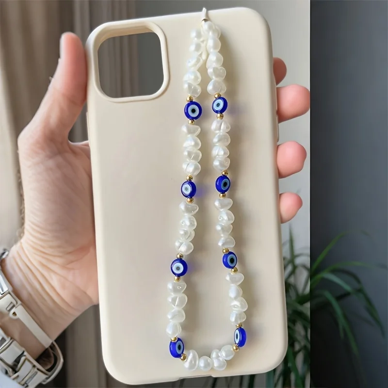 Unique Evil Eye Pearl Phone Charm - Colorful Faux Pearl Handmade Irregular Beaded Pendant for Women - náhled 6