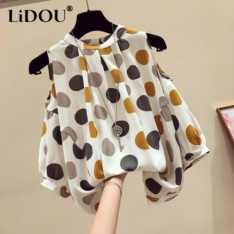 

Шифоновые блузки оверсайз с принтом в горошек для женщин, рубашки с круглым вырезом и короткими рукавами, топы с открытыми плечами, женская одежда YY56