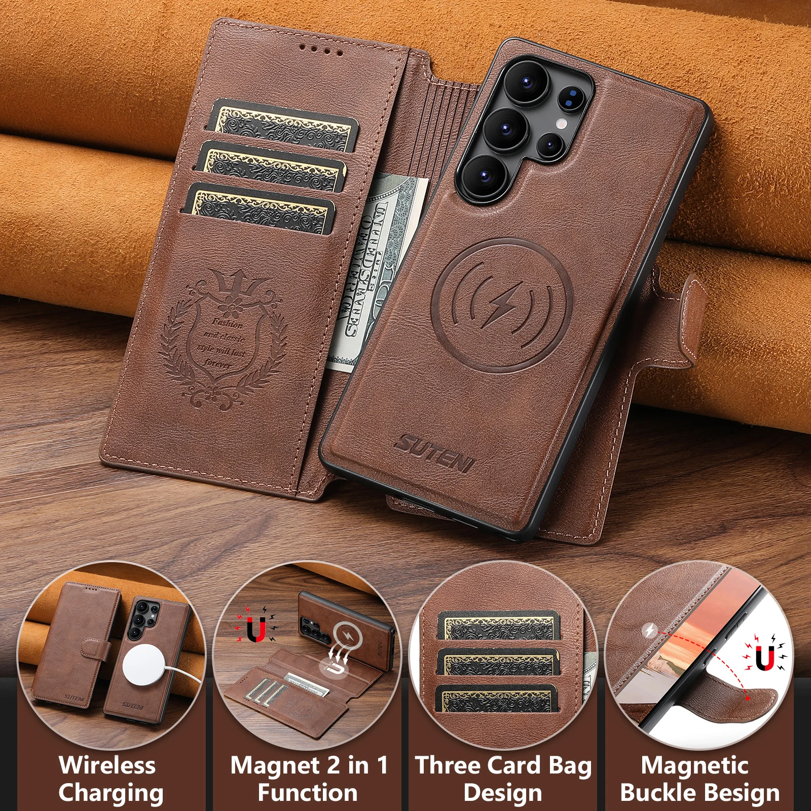 SUTENI PU Leder Drahtlose Lade Karte Halter Stehen Brieftasche Magnetische Flip-Cover Telefon Fall Für Samsung Galaxy S25 Ultra S24 S23 – Detail 1