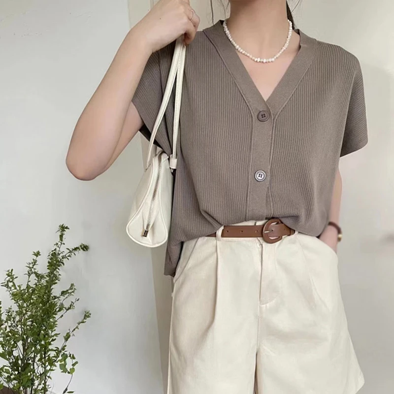 Women's Single Breasted Loose Fitting Cardigan Vest Worn Externally Knitwear Korean V-neck Solid Color