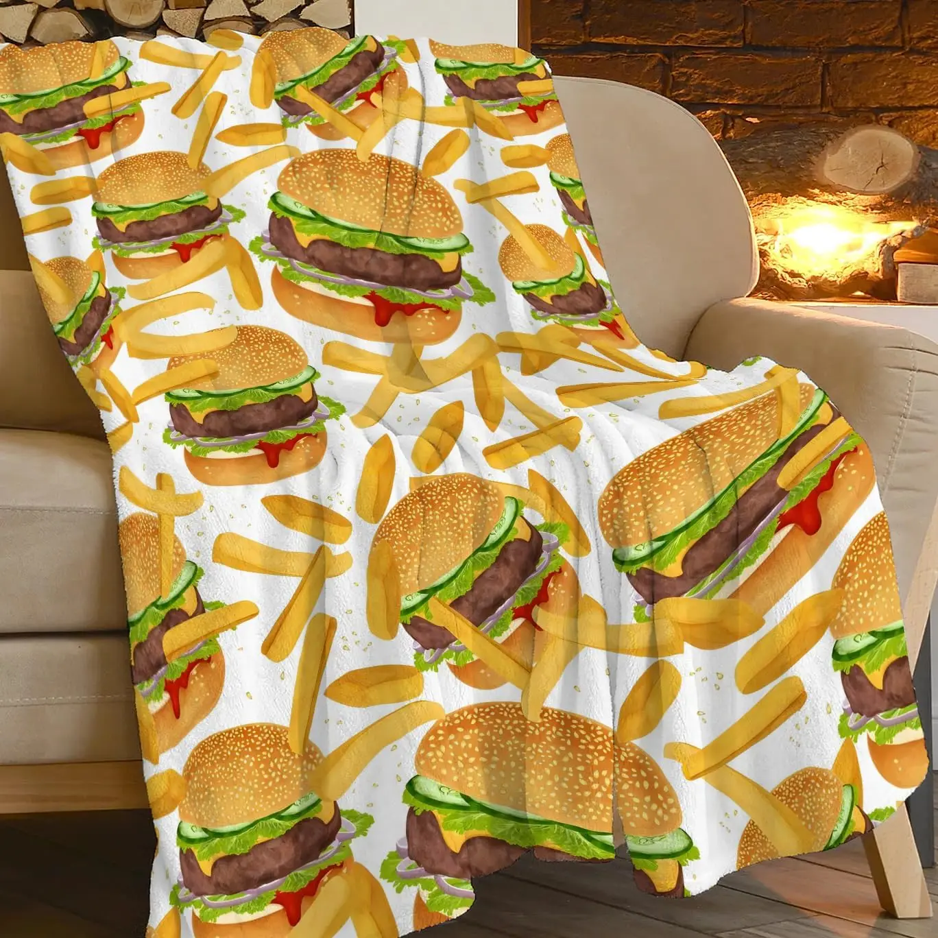 Decorative Burger Fries Print Throw Blanket Cozy Autumn Spring Home Decor Couch Sofa Nap Quilt Gift Idea