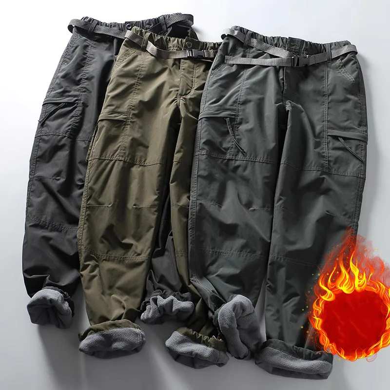 

Casual Cargo Pants Thicken Outdoor Waterproof Fleece Pants Men Winter Warm Loose Straight Overall Long Trousers Multi-pockets