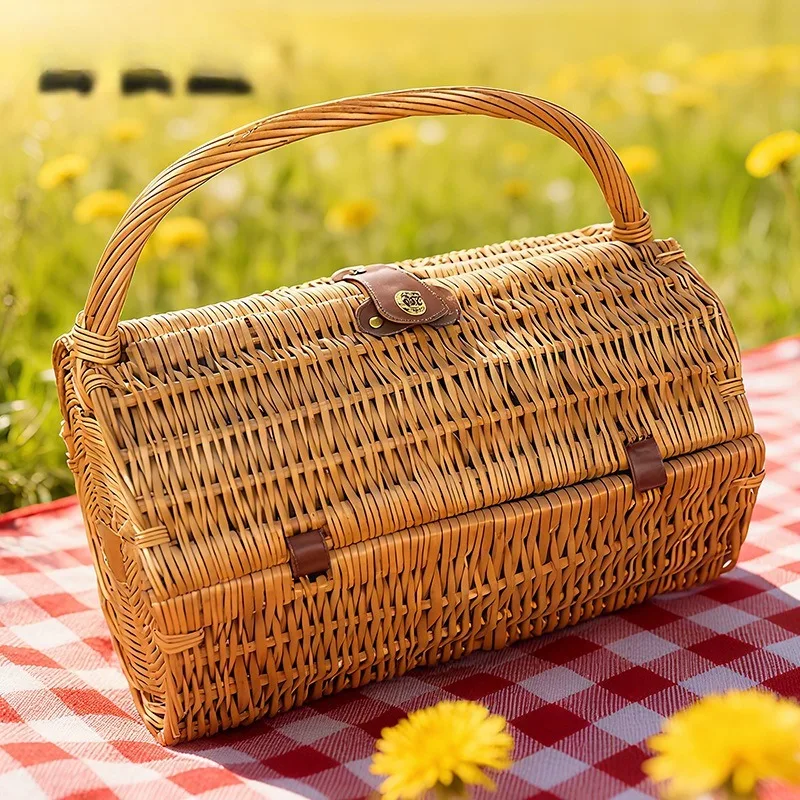 Outdoor handheld wicker basket and snack basket, rectangular design