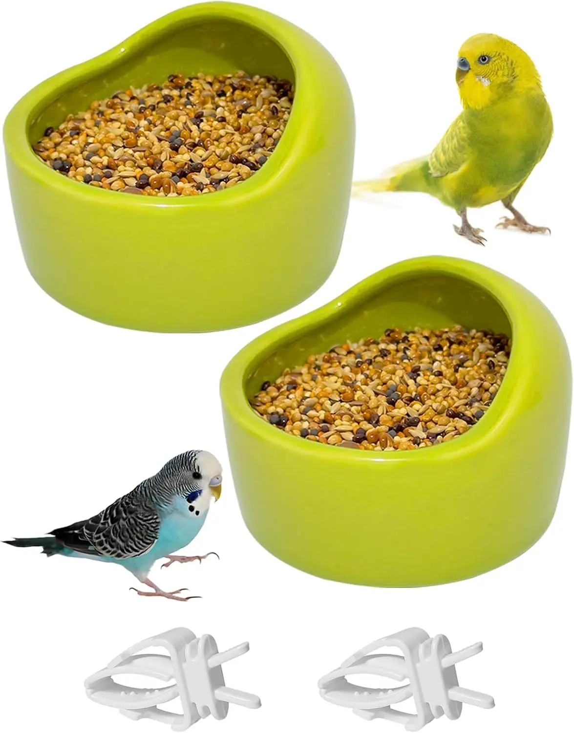 

2 Pcs Ceramic Bird Bowls for Parakeet Cage Water Food Dish with 2 Plastic Clips for Small Birds (Green)