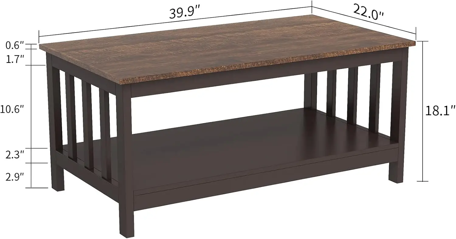 Farmhouse Coffee Table, Espresso Living Room Table with Shelf, 40 Inch