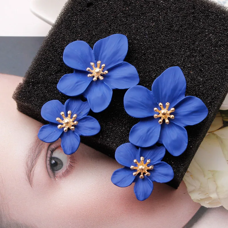 Korean Big Double Flower Drop Earrings Summer Beach Party Metal Statement Earring For Woman Boho Fashion Jewelry Girl Gift