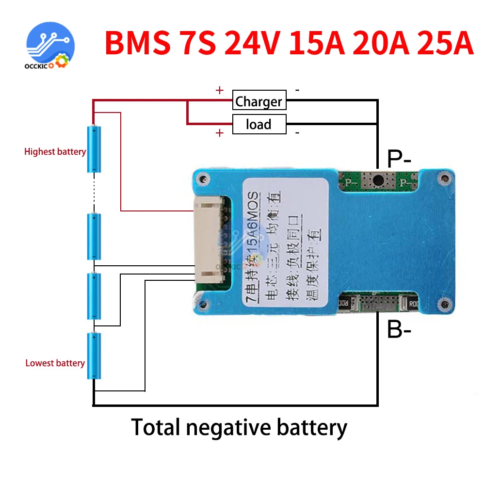 BMS 7S 24V 15A 20A 25A Lithium 18650 Charging Battery Balance PCB Equalizer with NTC Over-Temperature Protect for Ebike/Escooter