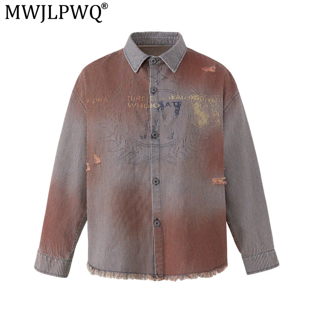 MWJLPWQ Niche Vintage Distressed Denim Shirt Men Spring Autumn Spray-Painted Tie-Dye Frayed Whiskered Vertical Striped Top 21543