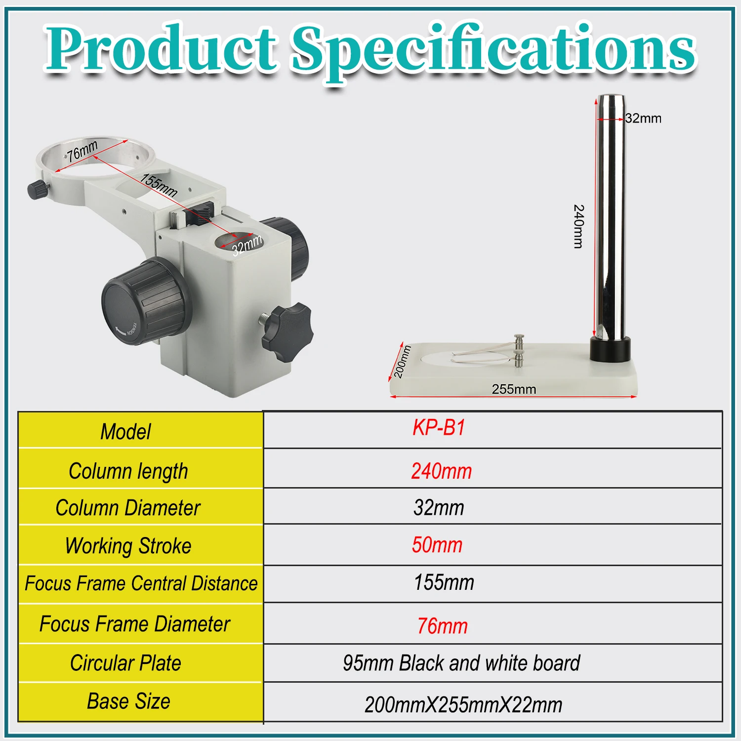 KOPPACE Microscope Bracket Column Length 240mm Diameter 32mm Base Plate Size 200X255mm