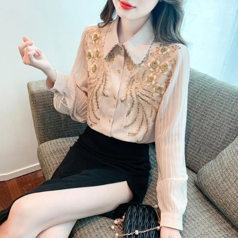 

2024Women's Spring and Autumn New Solid Color Polo Neck Tie Dyed Diamond Button Style Versatile Long Sleeved Loose Shirt Top