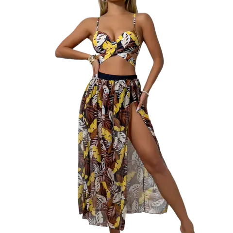 New Sexy Bikini Mesh Long Dress Three-piece Swimsuit Women