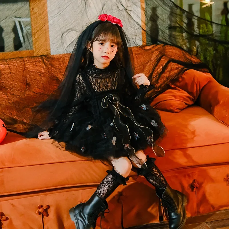 Lolita gótica oscura malvada para niños, espectáculo de moda, Harajuku, fantasma, novia, niña, juego de rol, bruja, mariposa, vestido de elfo