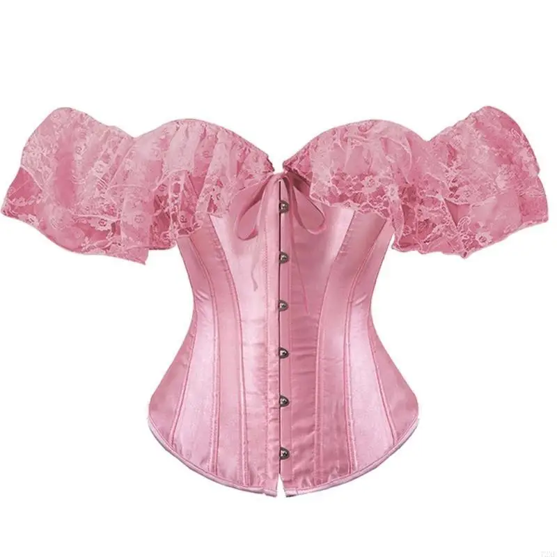 72xe รูปแบบภาษาฝรั่งเศส Waspie Victorian Lace Sleeves Crop Top Overbust Laceup Tied Corset