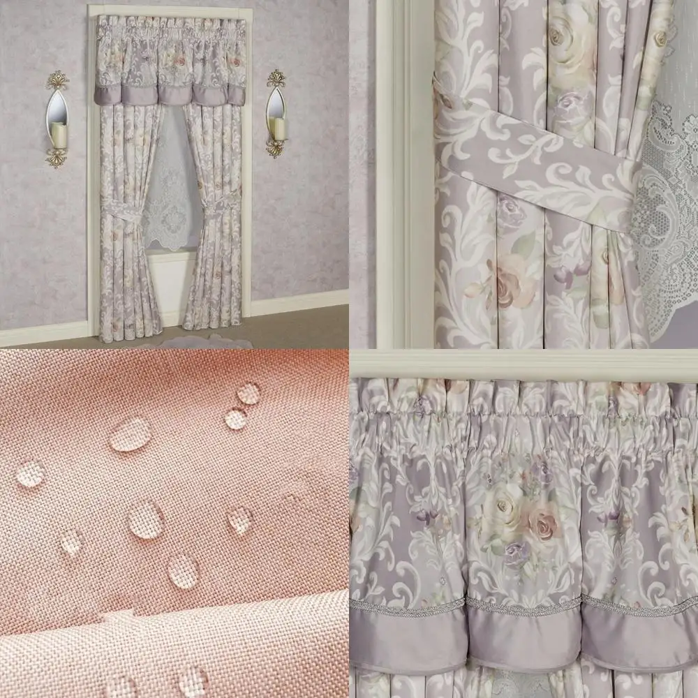 Lussuose tende per finestre damascate floreali in velluto di poliestere con tasca per asta in toni blush, lavanda e avorio