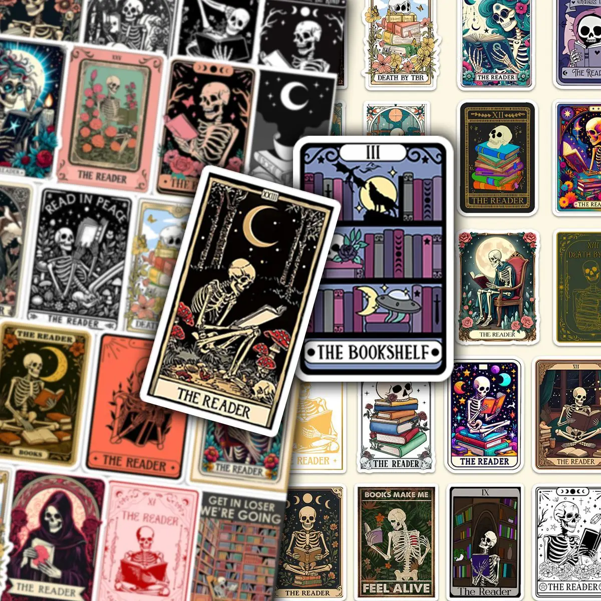 

100Pcs Gothic Style Reading Stickers, Skeleton Tarot Card Stickers, Guitar Water Cup Trolley Box Brain Stickers