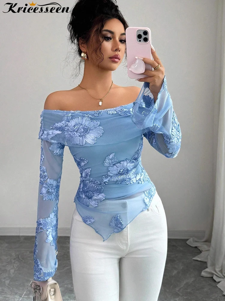 

Kricesseen Sexy Blue Floral Embroidery Sheer Top For Women Flare Sleeve Bodycon Mesh Blouse Party Clubwear T Shirt