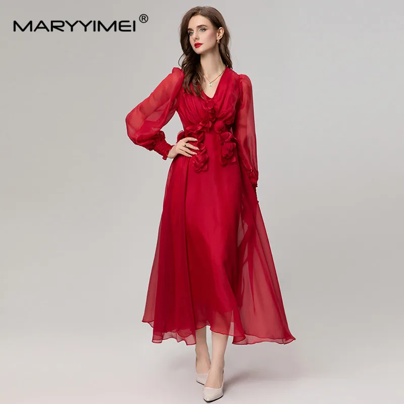 MARYYIMEI Fashion Designer Spring Summer Women's Sexy V-Neck Lantern Sleeve Decal decoration Backless Elegant ball dress