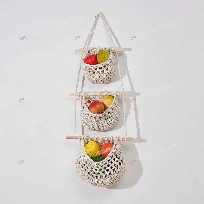 Hand-woven tapestry storage net pocket B&B living room wall fruit hanging basket wall decoration room flower basket decoration