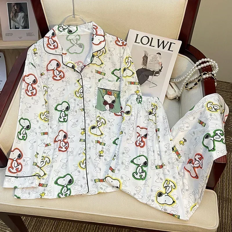 

snoopy Cartoon Spring Autumn Pajamas Long Sleeve Pants Summer Milk Silk Warm Home Clothes sleepwear Men's Women's nightgown