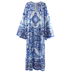 2024 Spring Summer Loose Long Dresses Female Full Sleeve Printed O-neck Woman Bohe Beach Party Fashion Maxi Dresses