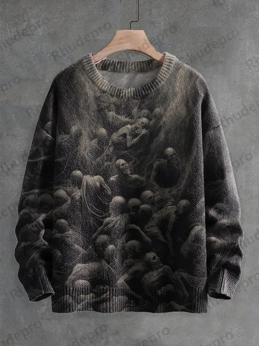 3D Printing Halloween Custom Series Horror Ghost Skull Witch Black Cat Pattern Ugly Sweater Street Casual Winter Sweatshirt W-7