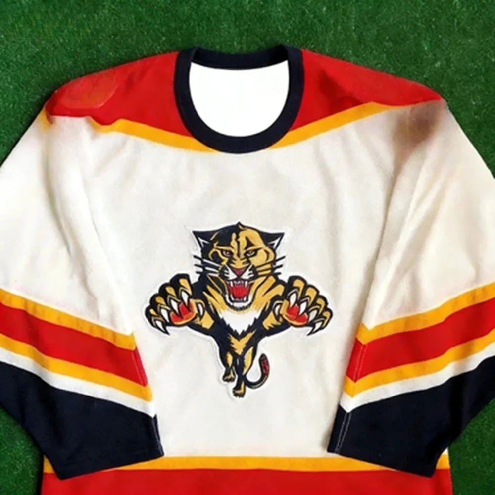 HOCKEY JERSEY - WHITE WITH RED/YELLOW/NAVY ACCENTS CLASSIC PANTHER LOGO VINTAGE STRIPED DESIGN ATHLETIC JERSEY 3D HD PRINTS