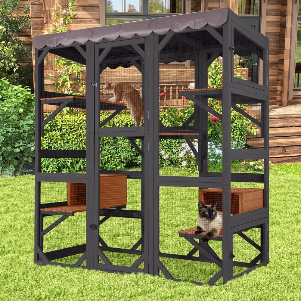 

Luxury Outdoor Cat Enclosure with 7 Jumping Platforms, Weatherproof Roof, Walk-in Kennel, and 2 Napping Houses - Black, Large