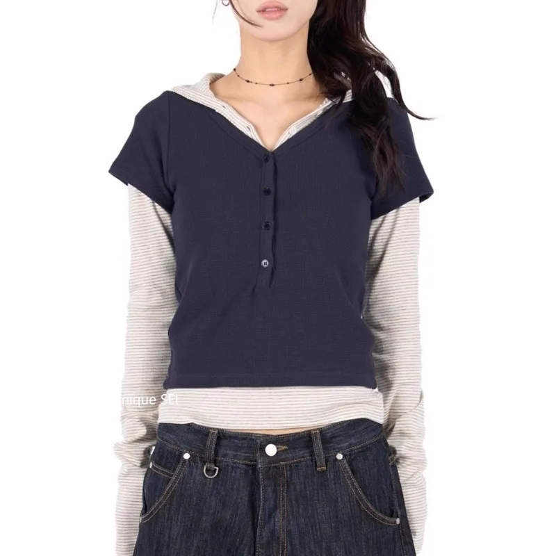 Autumn 2025 New V-neck Button Striped Hooded Long-sleeved T-shirt Women + Solid Color Casual Short-sleeved T-shirt Two-piece Set