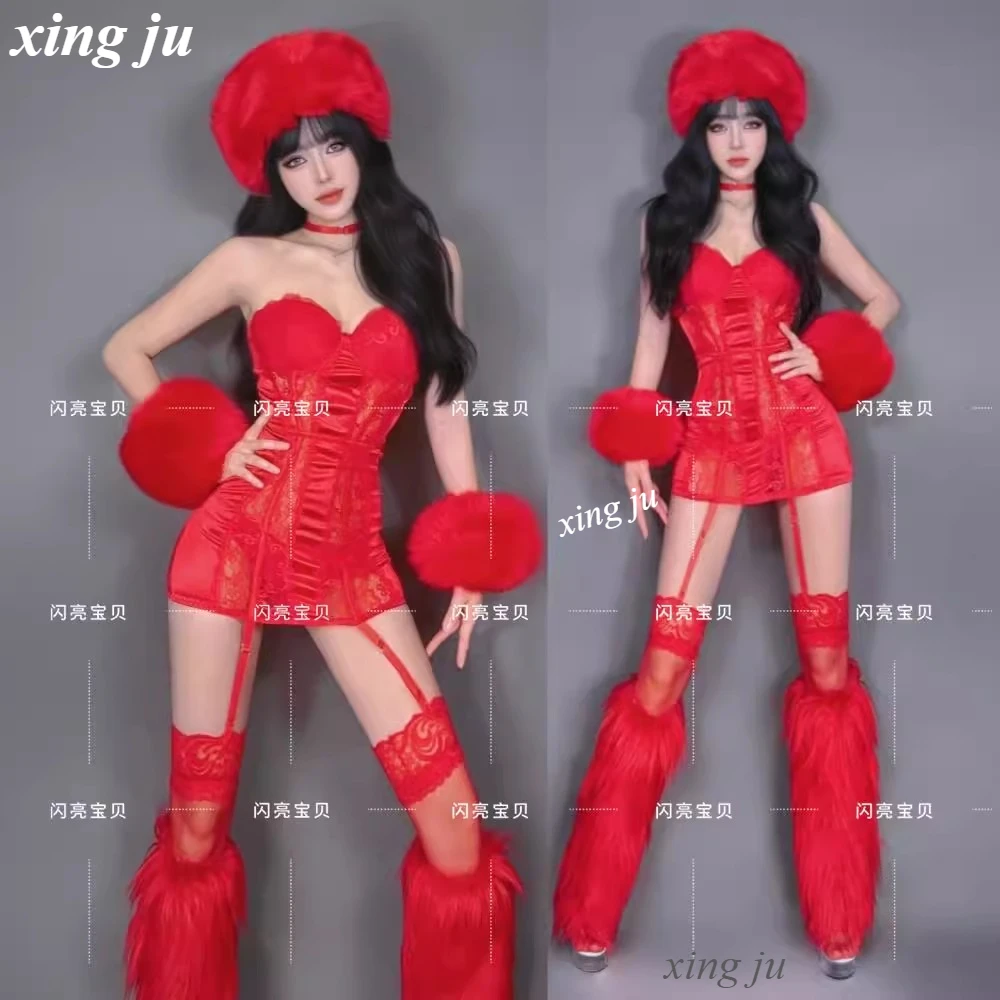 Nightclub Hot Girl Performance Costume Pole Dance Red Clothing Female Singer DJ Stage Dancer Sexy White Strapless Short Dress