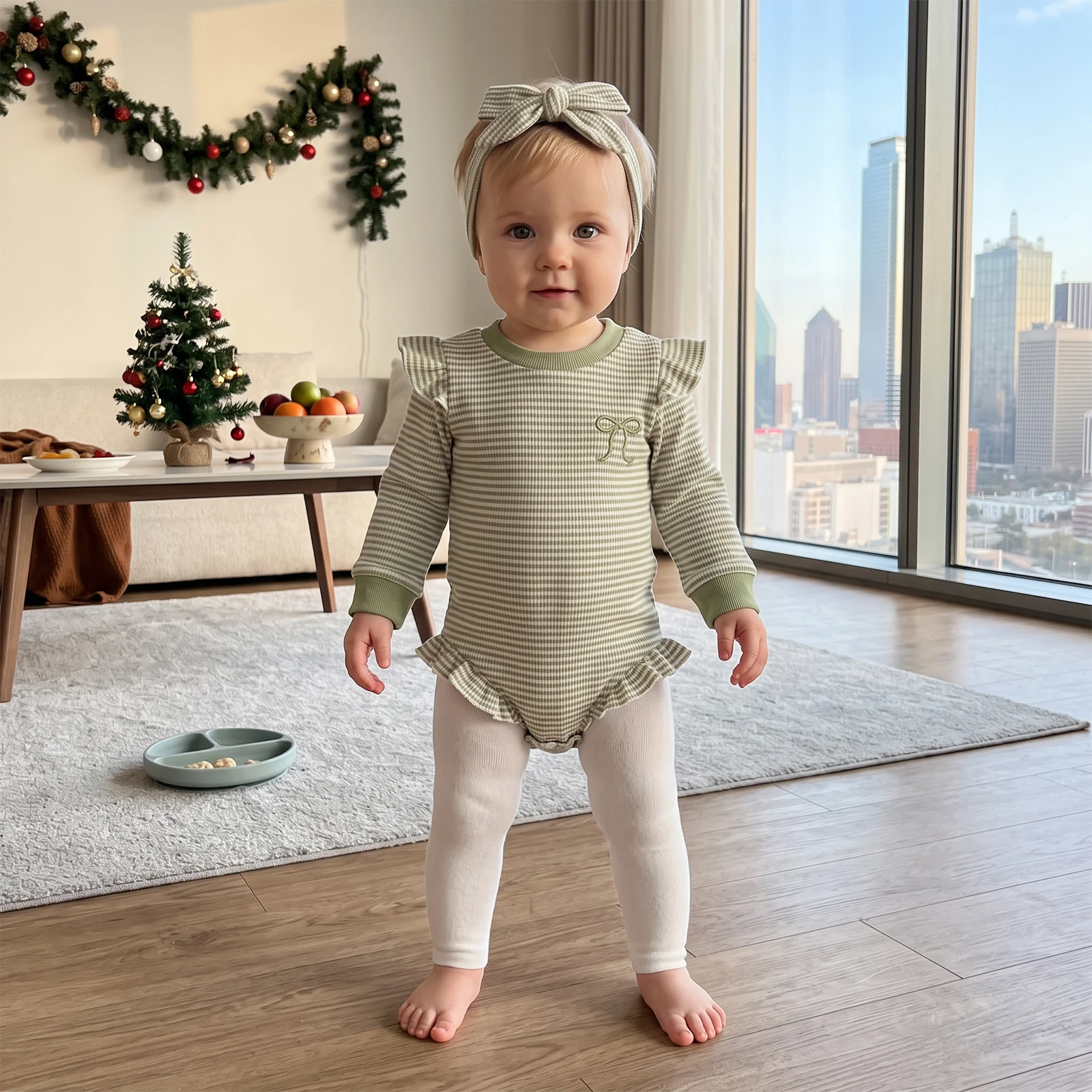 Baby Girls Striped Waffle Romper Bow Embroidery Jumpsuits and Bow Headband