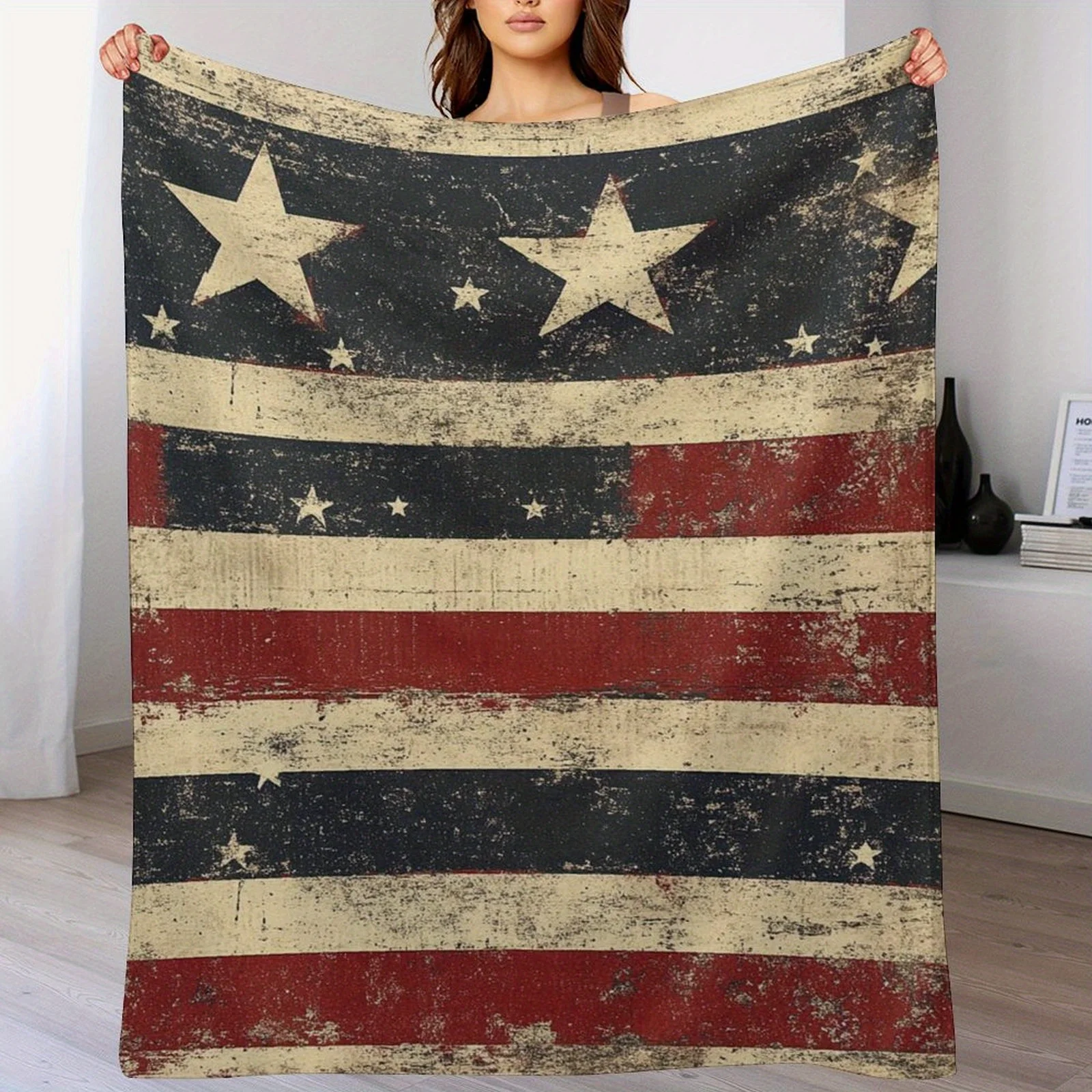 

1PC Patriotic American Flag Flannel Blanket - Soft and warm all-season camping, office and travel throw, retro and aged Stars an